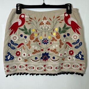 Altar'd State Women’s Tan Linen Blend Embroidered Bird Flower Skirt Sz M